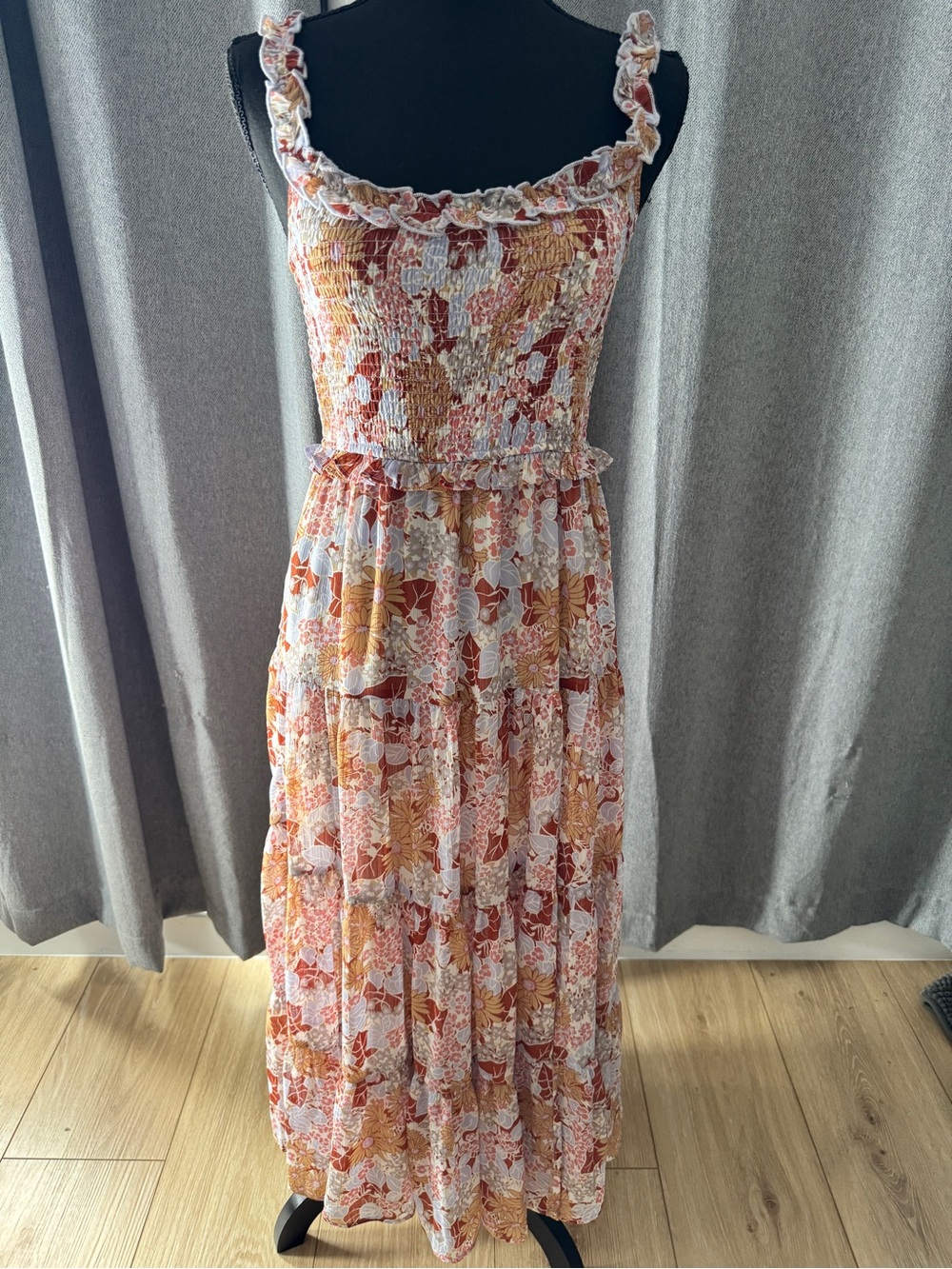 Astr Floral Smocked Maxi Dress - Rust & Cream
